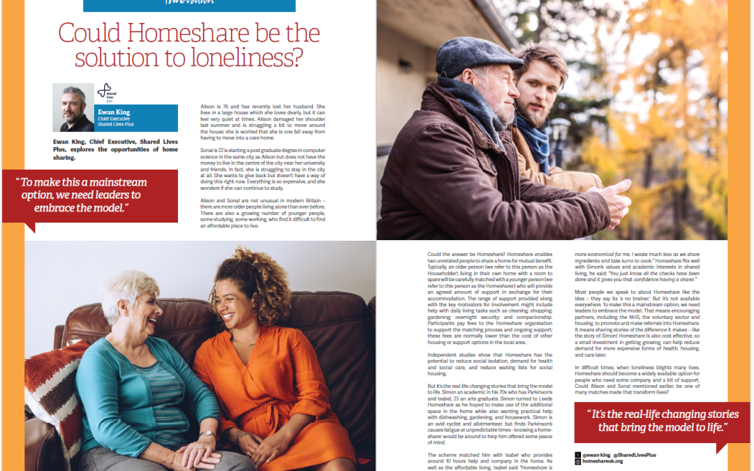 Could Homeshare be the solution to loneliness? Ewan King in Care Talk Magazine